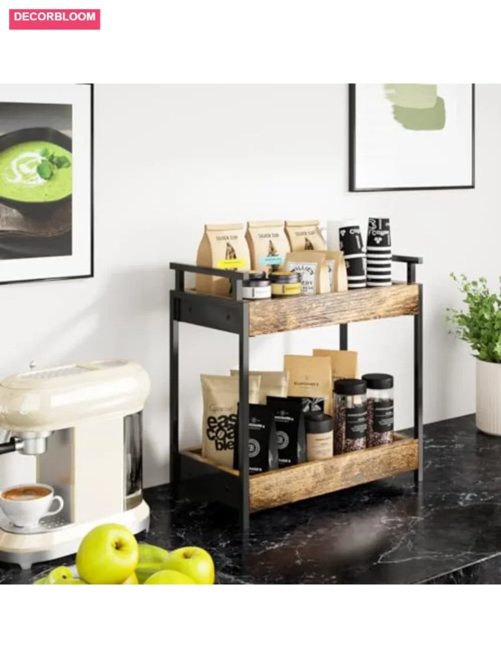 2 Tier Wooden Coffee Station Organizer Countertop Shelf